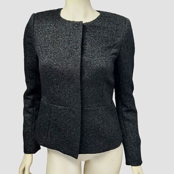 Melanie Lyne Sparkly Black Peplum Jacket Light Coat with Hidden Buttons Blazer - Picture 1 of 7